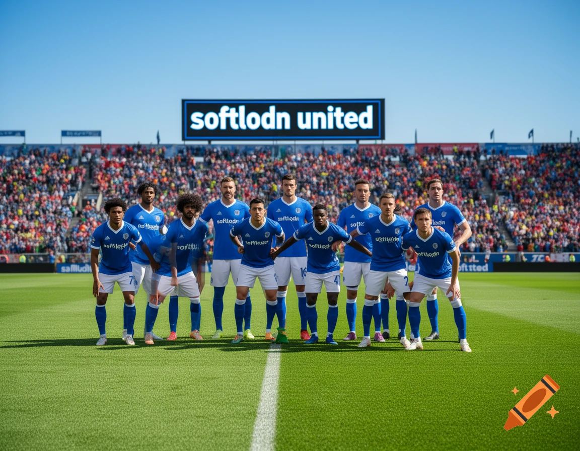A wide shot of a soccer team, "softlodn united," in blue and white uniforms, posing on a green field in front of a large stadium with a packed crowd and a jumbotron displaying their name.
