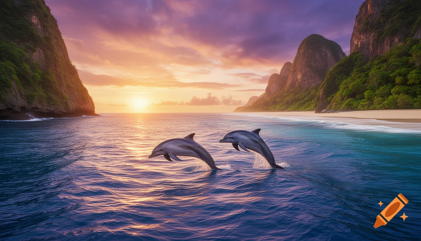 Two dolphins leap from the glowing ocean water in a beautiful bay at sunset, flanked by lush green mountains and a sandy beach.