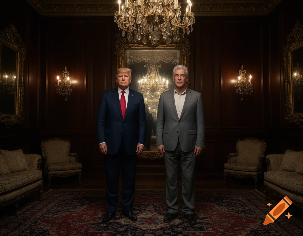 Donald Trump and another man stand formally in a dimly lit, luxurious room with chandeliers, mirrors, and ornate furniture.