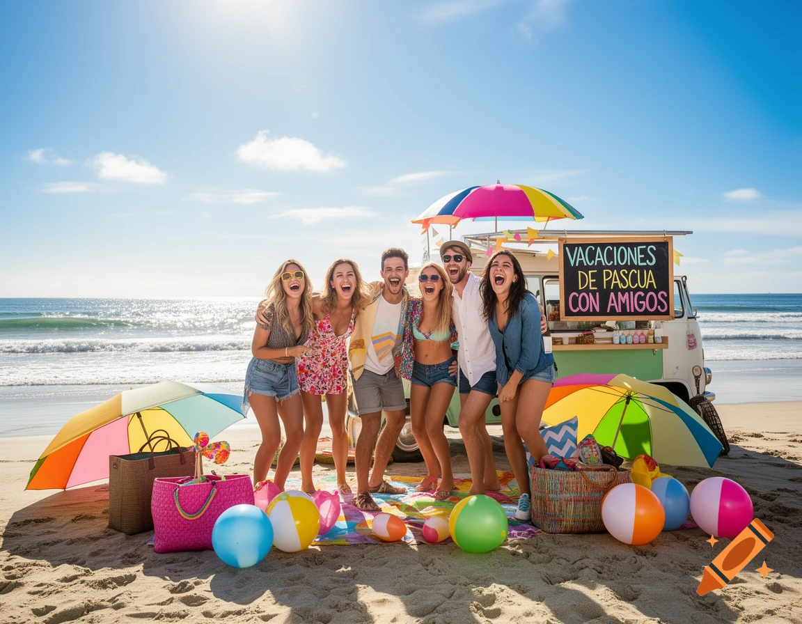 Six joyful friends pose on a sunny beach next to a colorful food truck, with beach balls and umbrellas.