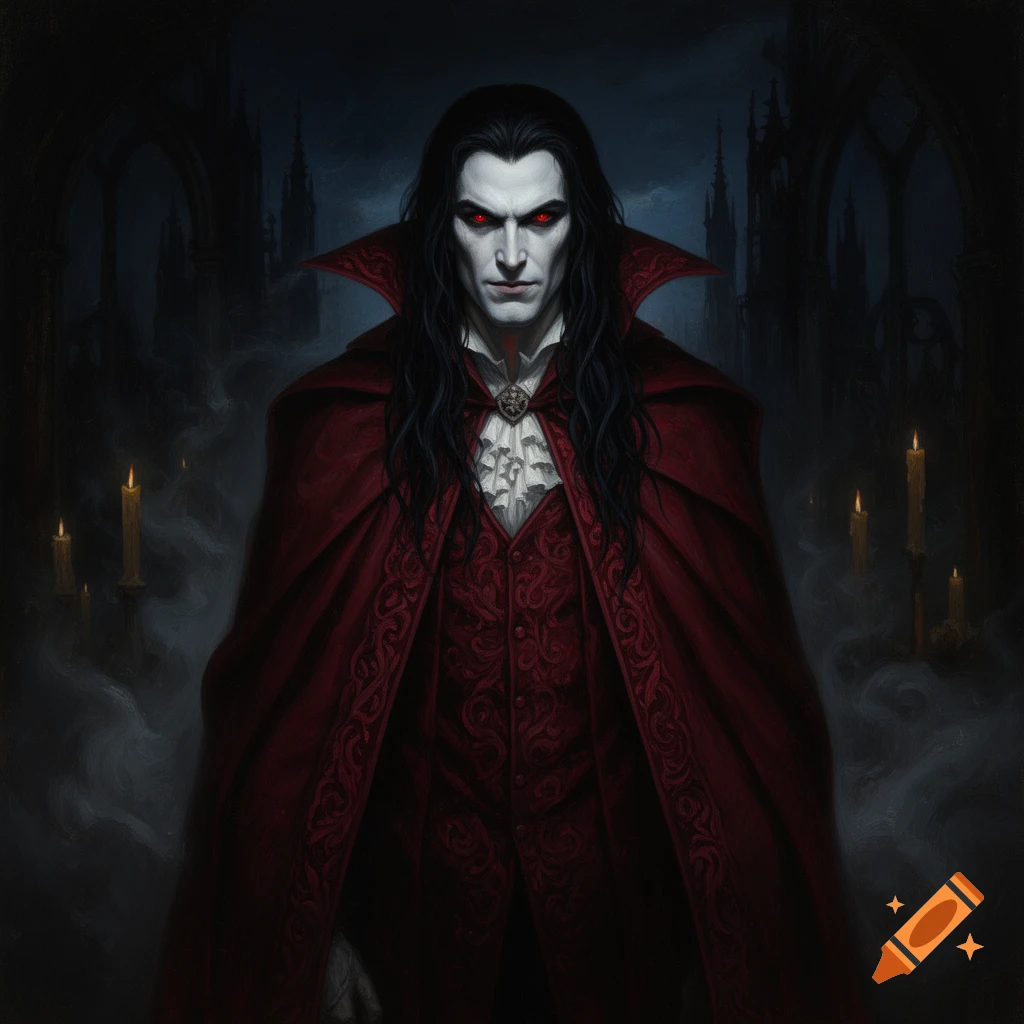 An oil painting depicts a pale-faced vampire with long black hair, glowing red eyes, and a red velvet cape in a dark, gothic setting.