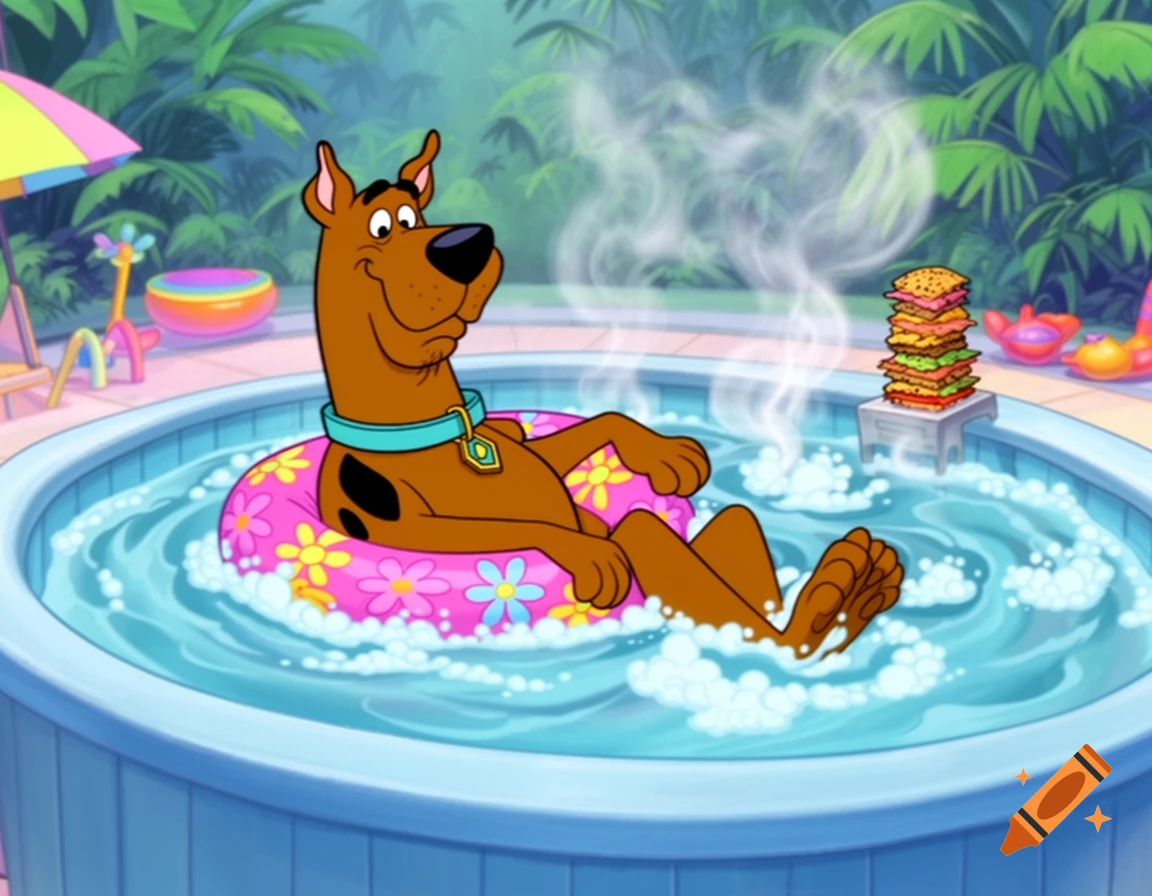 Scooby-Doo smiles while relaxing in a hot tub with a stack of sandwiches nearby, in an animated cartoon style.