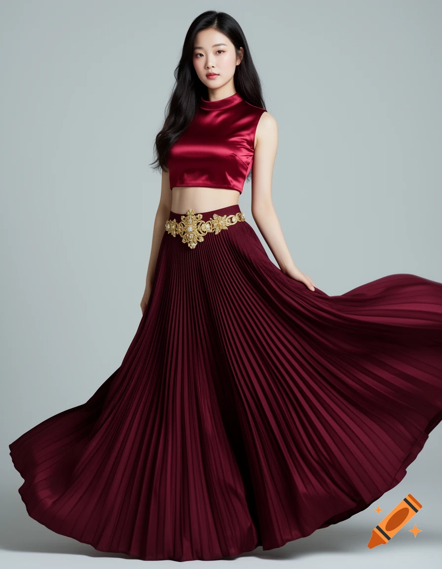 A young Korean woman in a red satin crop top and flowing burgundy pleated skirt with an ornate golden belt, posing in a studio.
