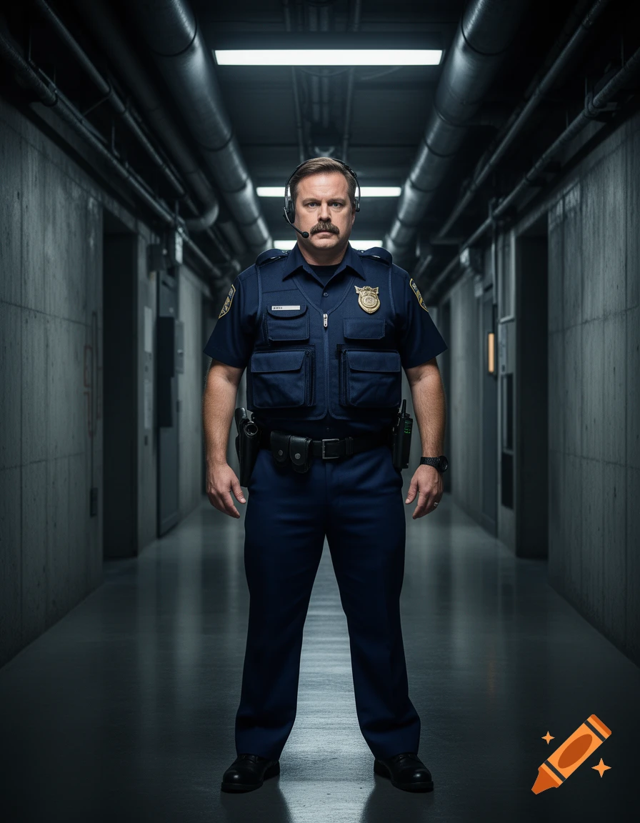 A serious-looking man with a mustache in a blue security uniform and headset stands in a dark, narrow hallway.