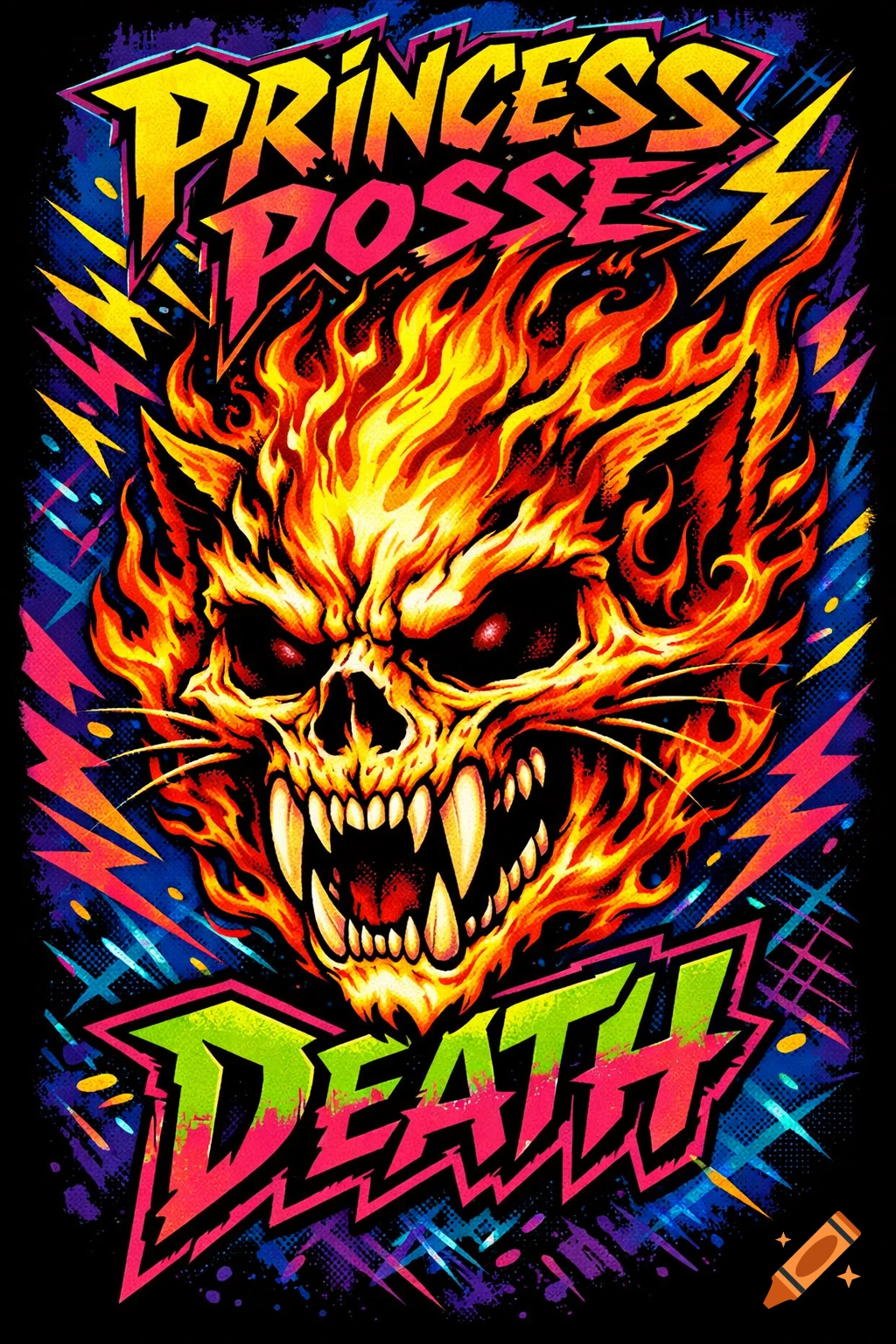 A vibrant, punk-style illustration of a flaming human-cat skull, with 'PRINCESS POSSE' and 'DEATH' text, surrounded by colorful lightning bolts.