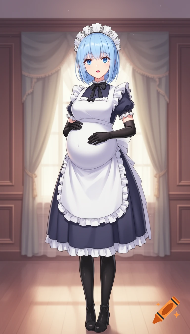 An anime maid with blue hair, wearing a black and white uniform and long gloves, stands in a room with a large pregnant belly.