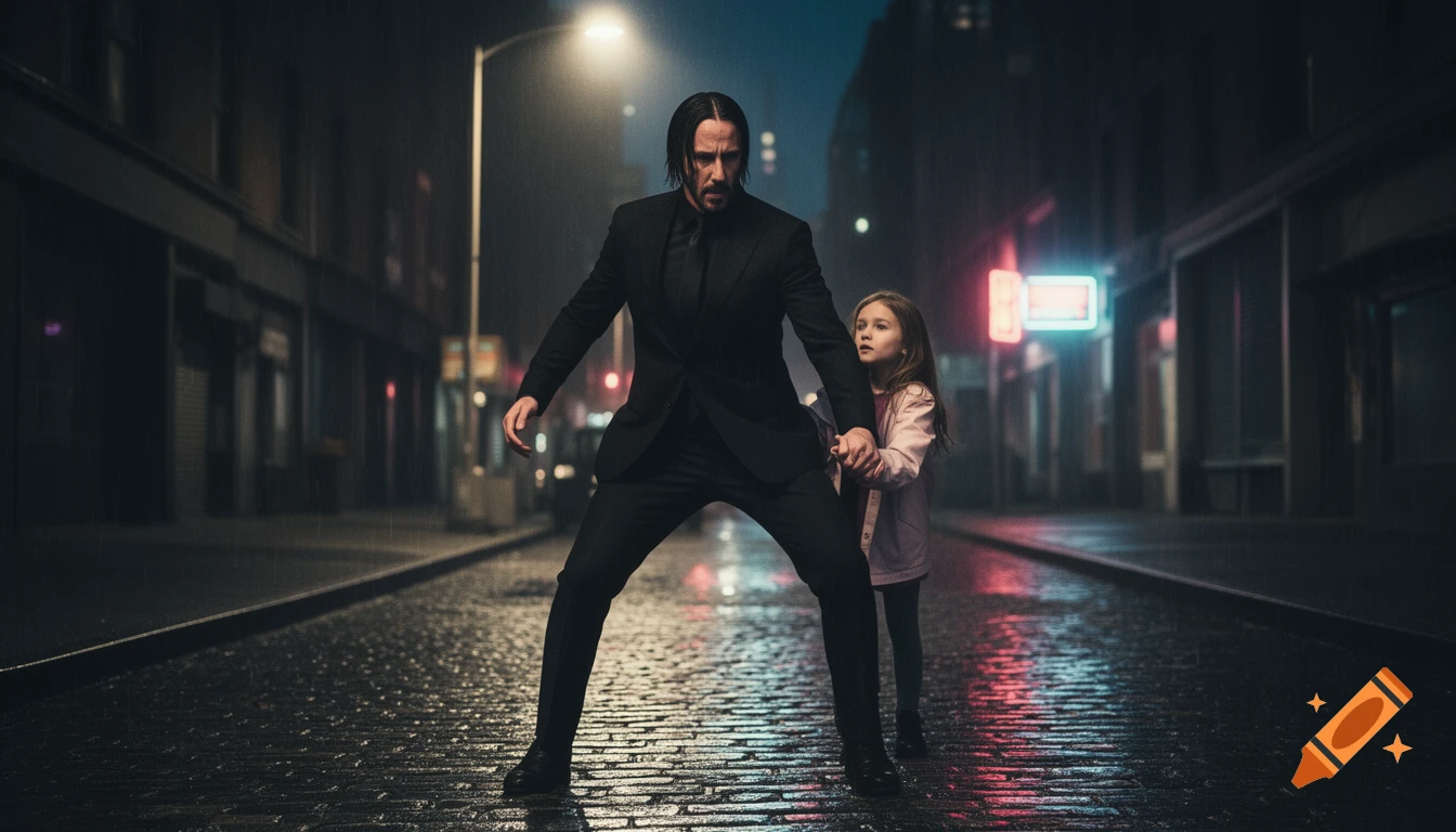 A man resembling John Wick stands protectively over a young girl on a dark, wet city street at night.