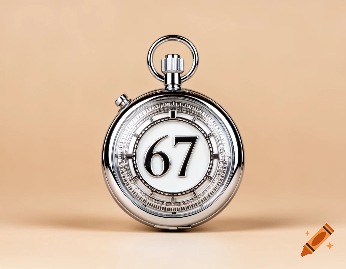 A close-up of a silver stopwatch displaying the number 67 on a light beige background.