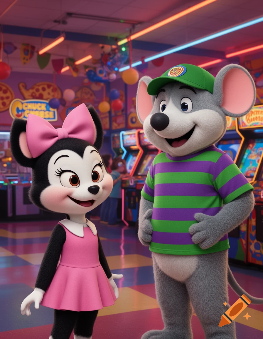 Chuck E. Cheese and Dot from Animaniacs smile in a brightly lit arcade with pizza signs and arcade games in the background.