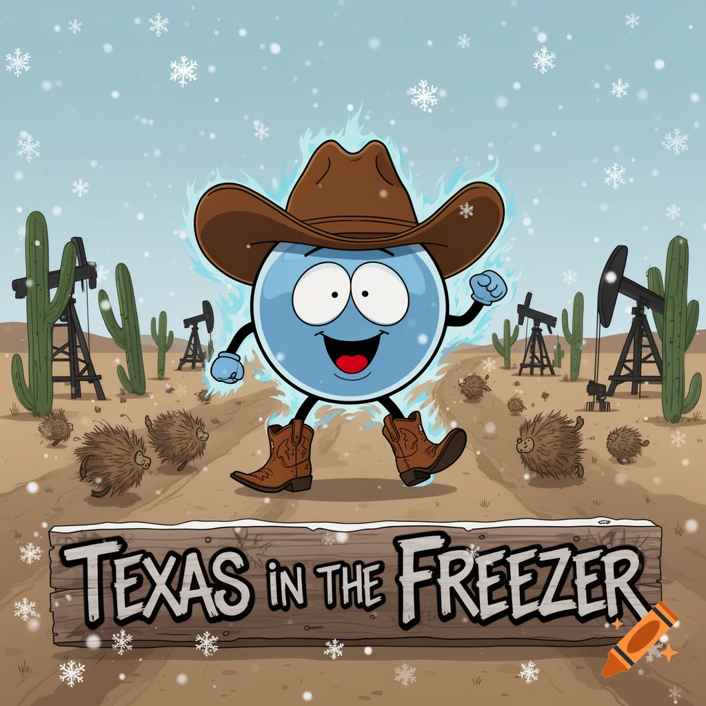 A cartoon blue character with a cowboy hat and boots glows blue in a snowy desert with cacti and oil derricks. A sign reads "TEXAS IN THE FREEZER".
