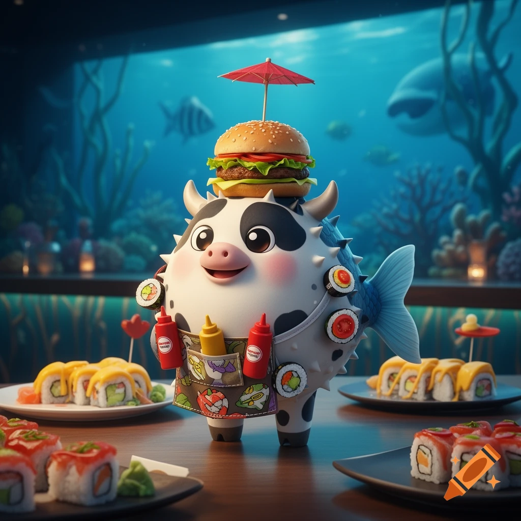 A cute, cartoonish cowfish character, acting as a sushi and burger bar mascot, stands on a wooden table laden with sushi plates, holding a mini burger with an umbrella on its head. The background features an underwater restaurant with fish swimming past large windows.