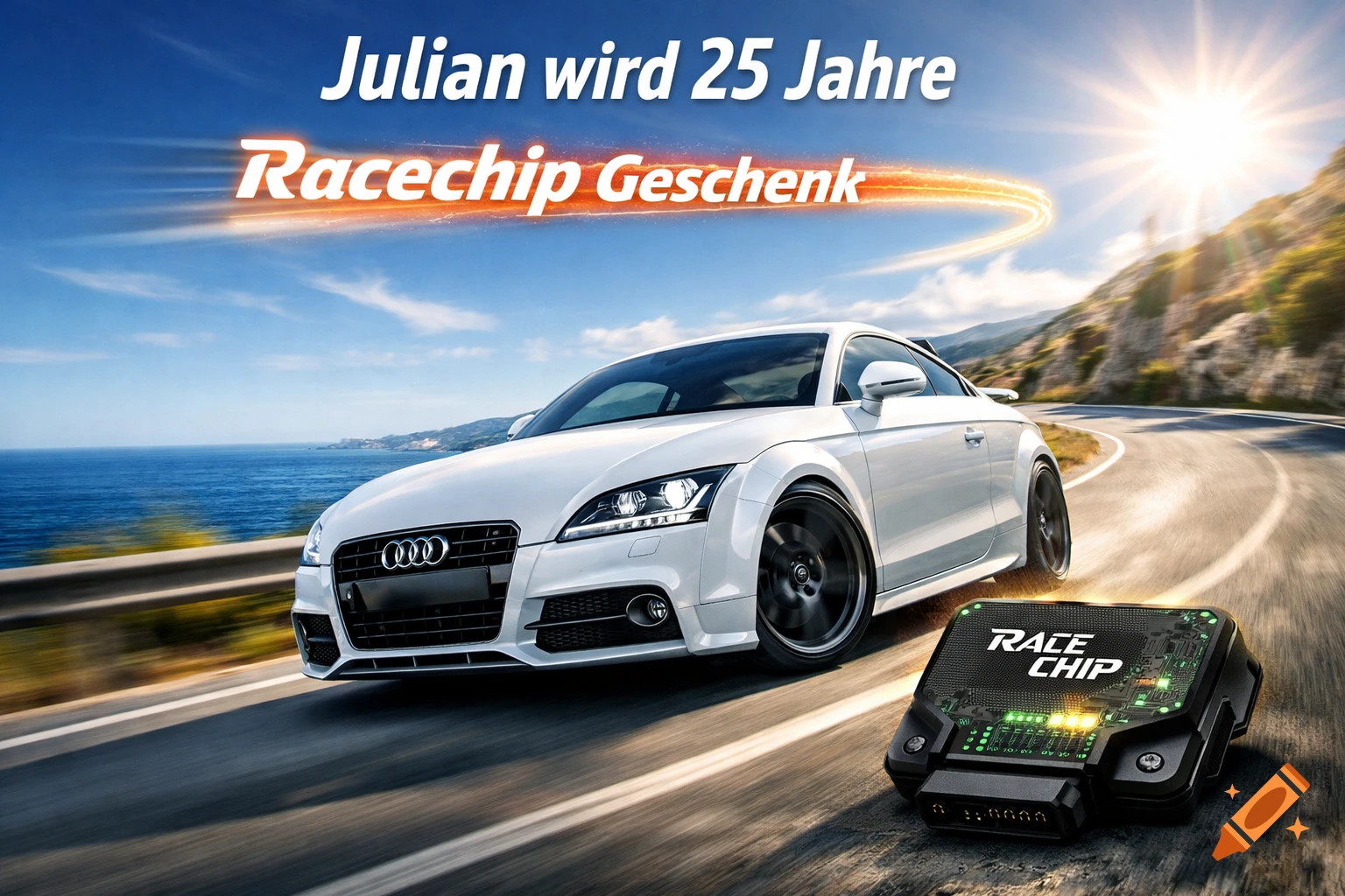 A white Audi TT speeds along a winding coastal road under a bright sun, with a black 'Race Chip' device and text 'Julian wird 25 Jahre Racechip Geschenk'.