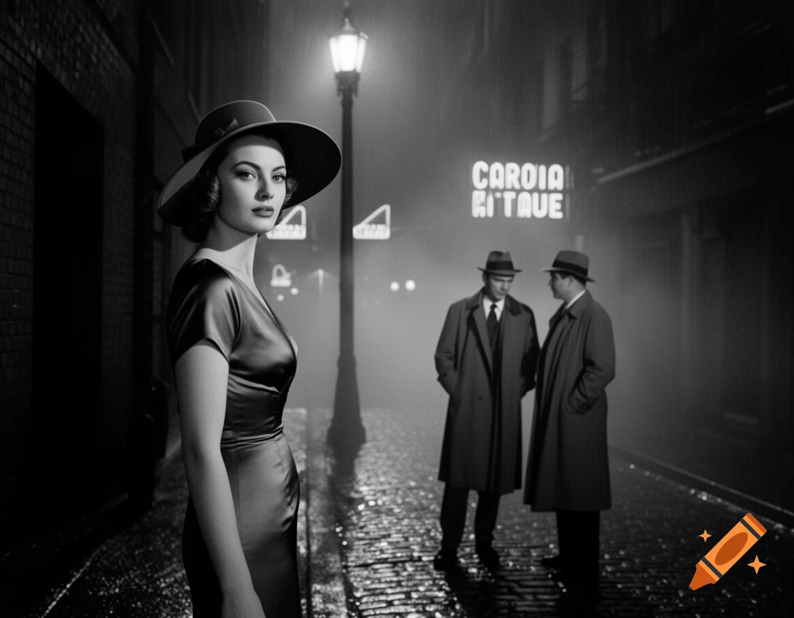 A woman in a hat and dress looks towards two men in trench coats on a rainy, foggy film noir city street at night, in black and white.