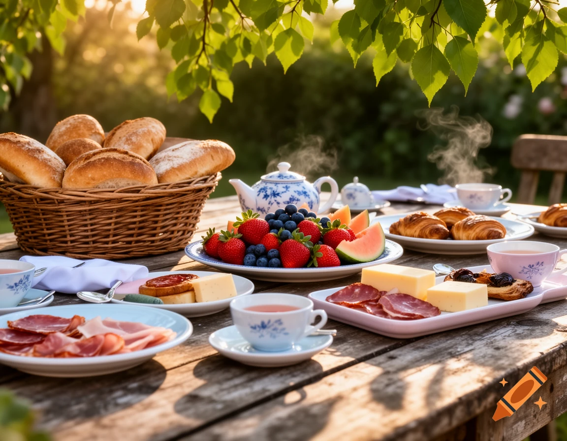 A photorealistic outdoor breakfast spread on a rustic wooden table with fresh bread, fruit, croissants, cheese, ham, and steaming tea cups, bathed in warm morning light under green leaves.