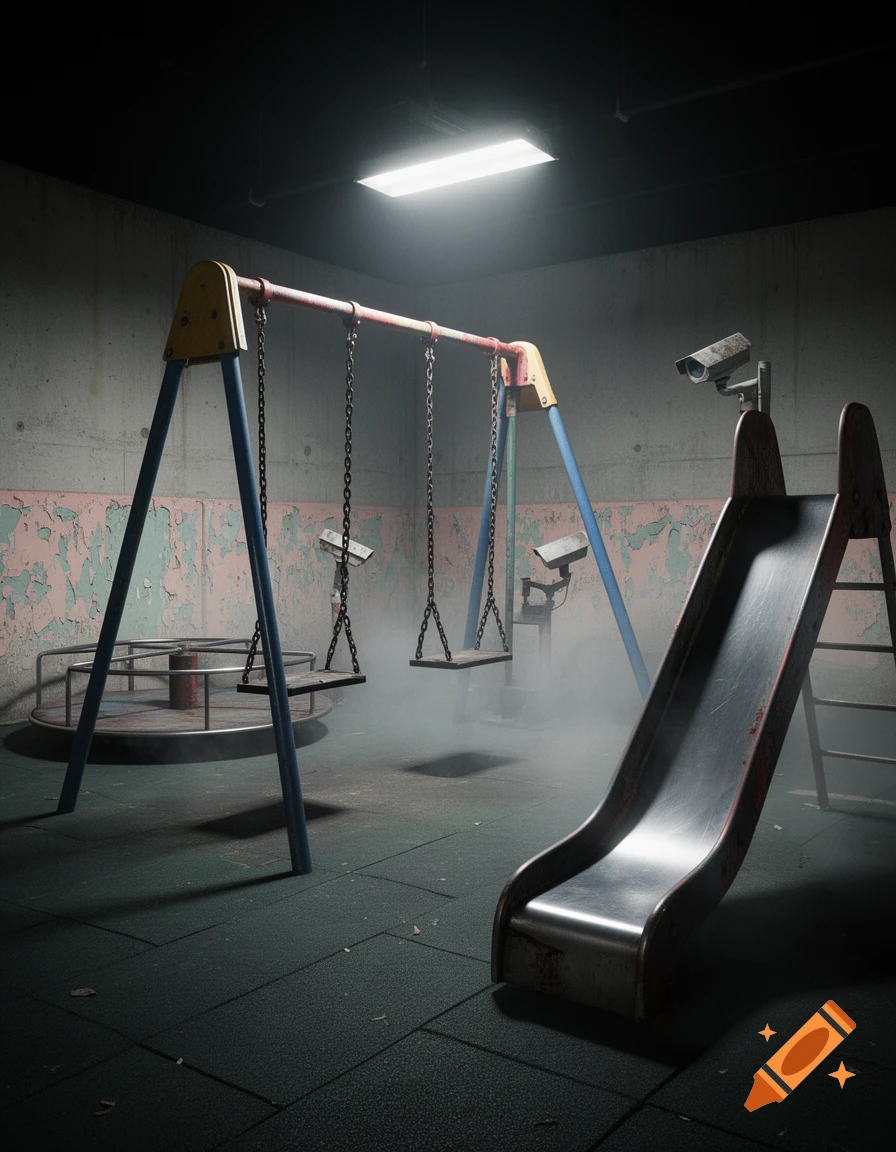 Eerie, dimly lit abandoned playground with swings, slide, merry-go-round, and surveillance cameras in a concrete room with peeling paint.