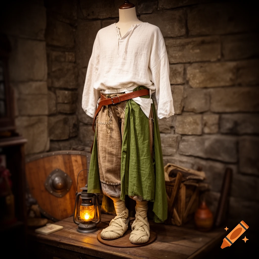A mannequin models a medieval adventurer outfit: white linen shirt, brown belt, patched breeches, green skirt, wrapped shoes.