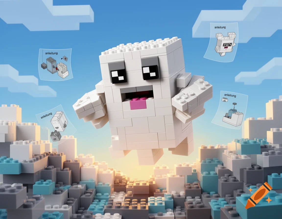 A happy, blocky white LEGO Minecraft Ghast floats over a landscape of LEGO bricks, with instruction diagrams flying around it.