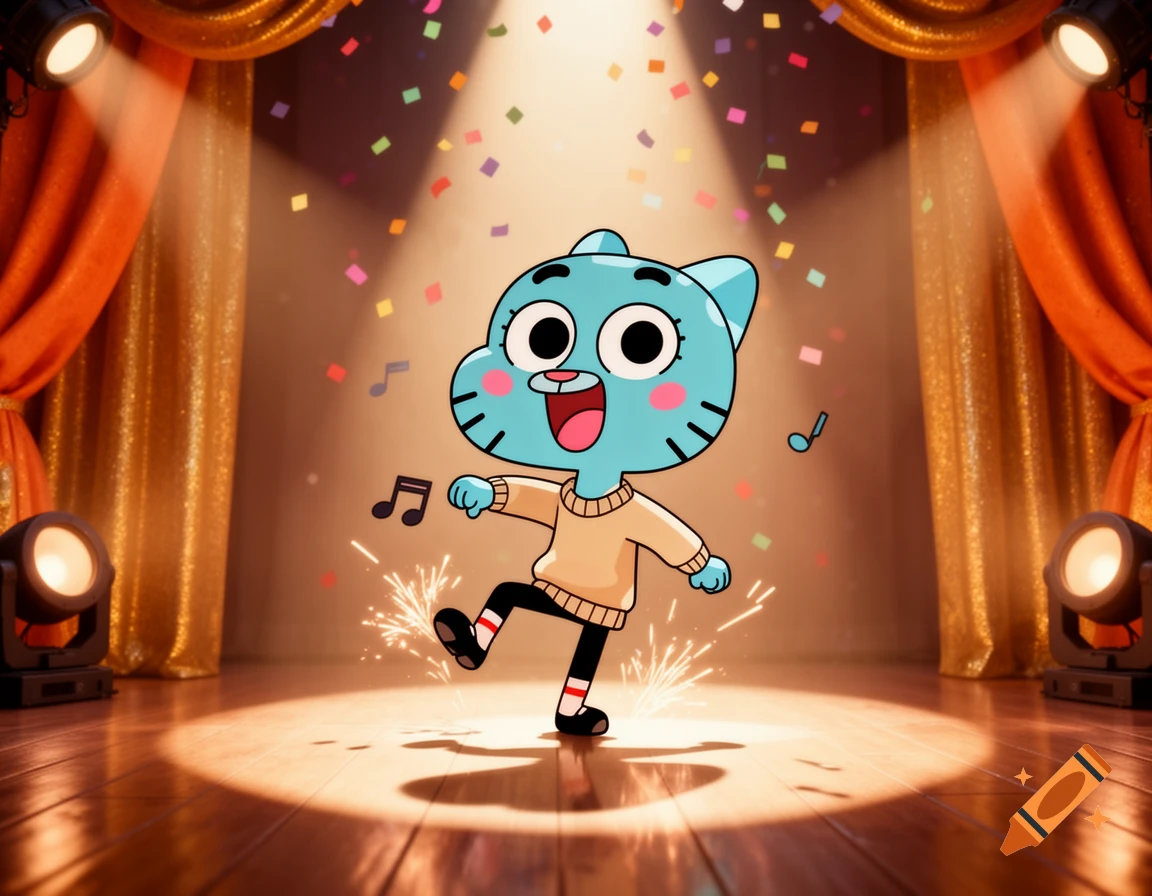 Cartoon character Gumball tap dancing on a spotlighted wooden stage with golden curtains, surrounded by confetti and musical notes.