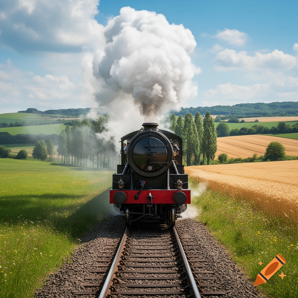 A black steam train chugs down railway tracks through green and golden fields under a blue sky, emitting a large plume of smoke.