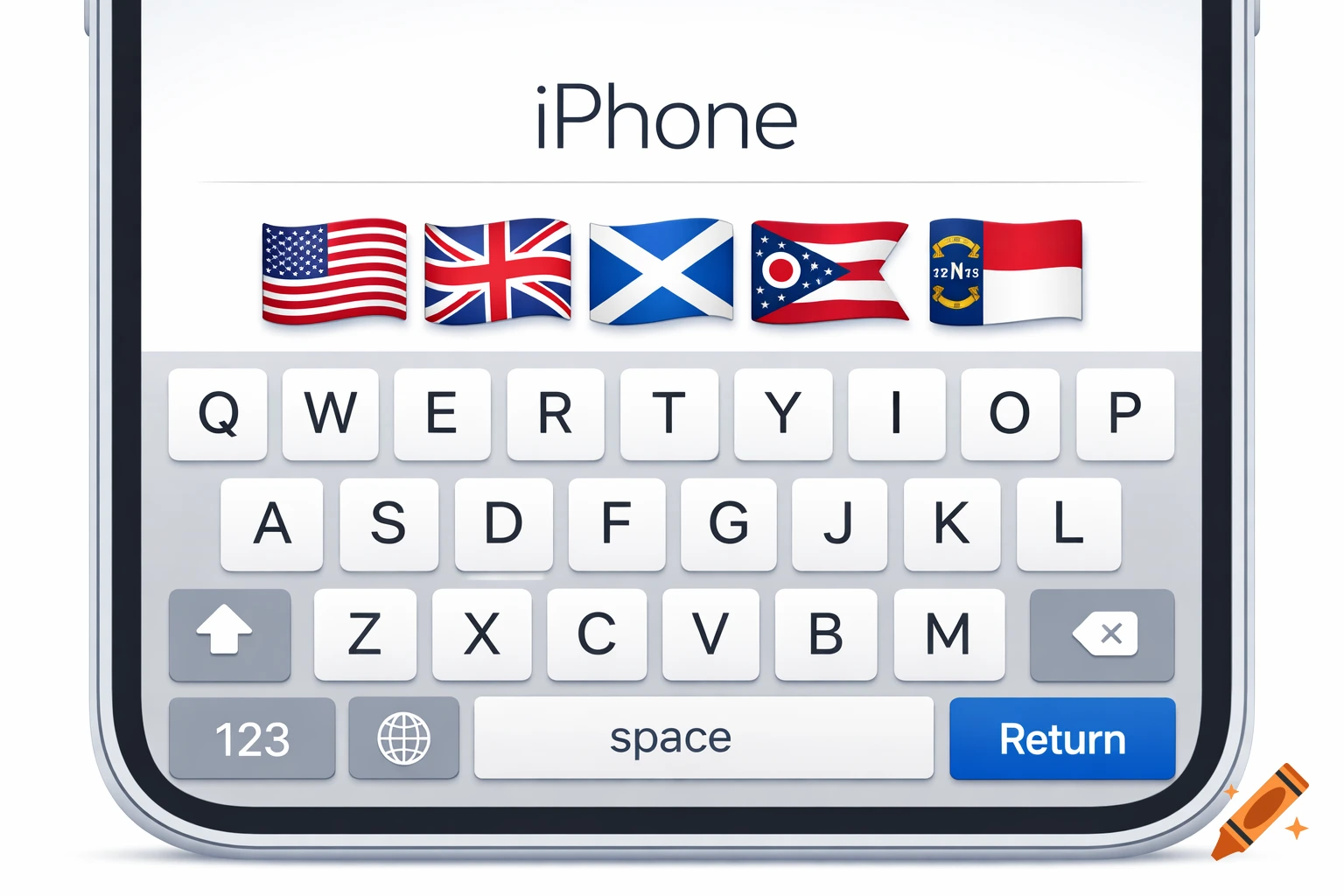 Close-up of an iPhone screen showing the keyboard with various national and state flags including the US, UK, Scotland, Ohio, and North Carolina. The text "iPhone" is at the top of the screen.