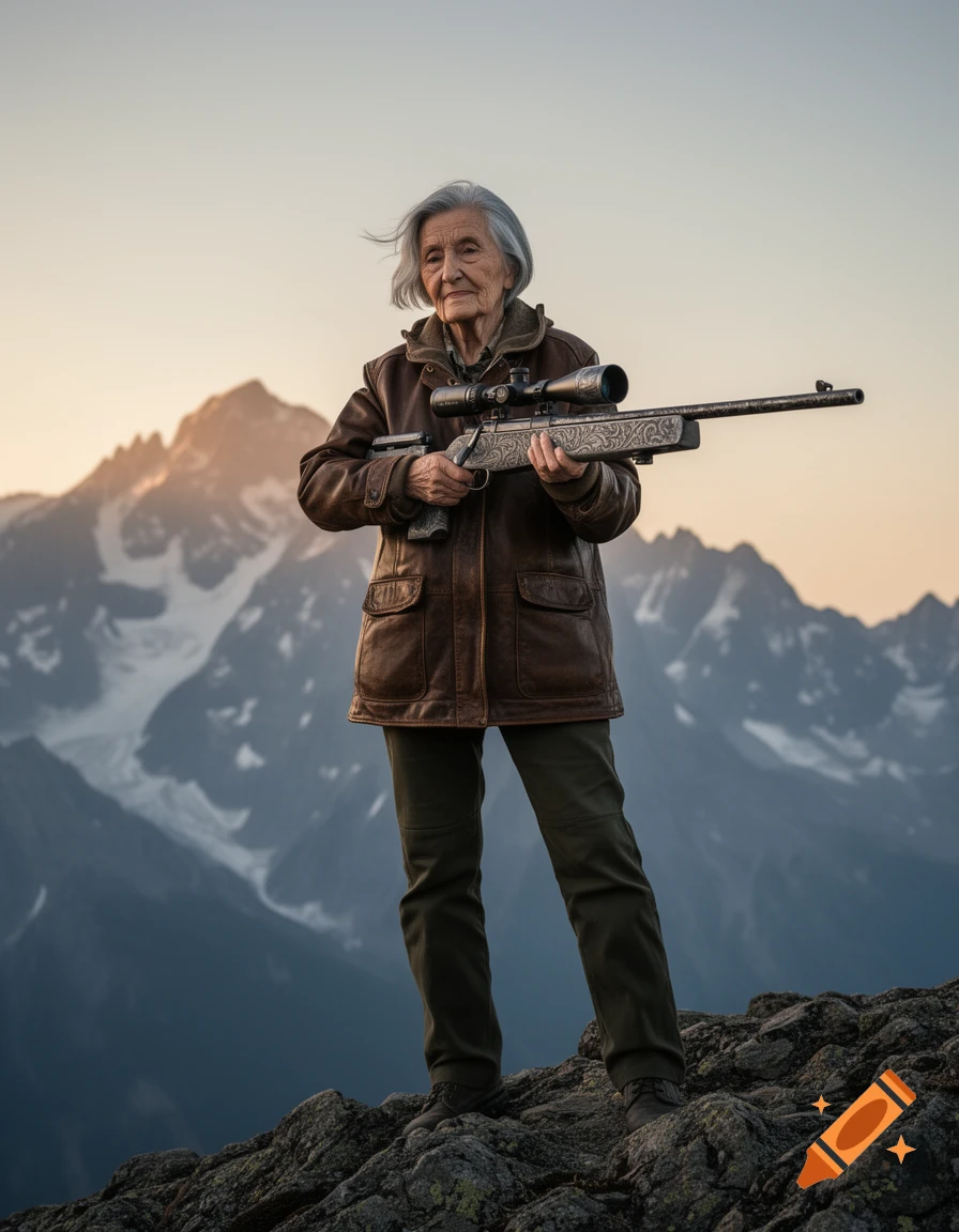 An elderly woman with gray hair stands on a rocky mountain peak, holding a detailed sniper rifle, under a clear sky.