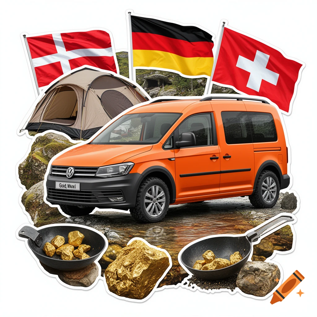 A stickerbomb collage featuring an orange VW Caddy Maxi van, a camping tent, gold nuggets in panning trays, and flags of Denmark, Germany, and Switzerland.