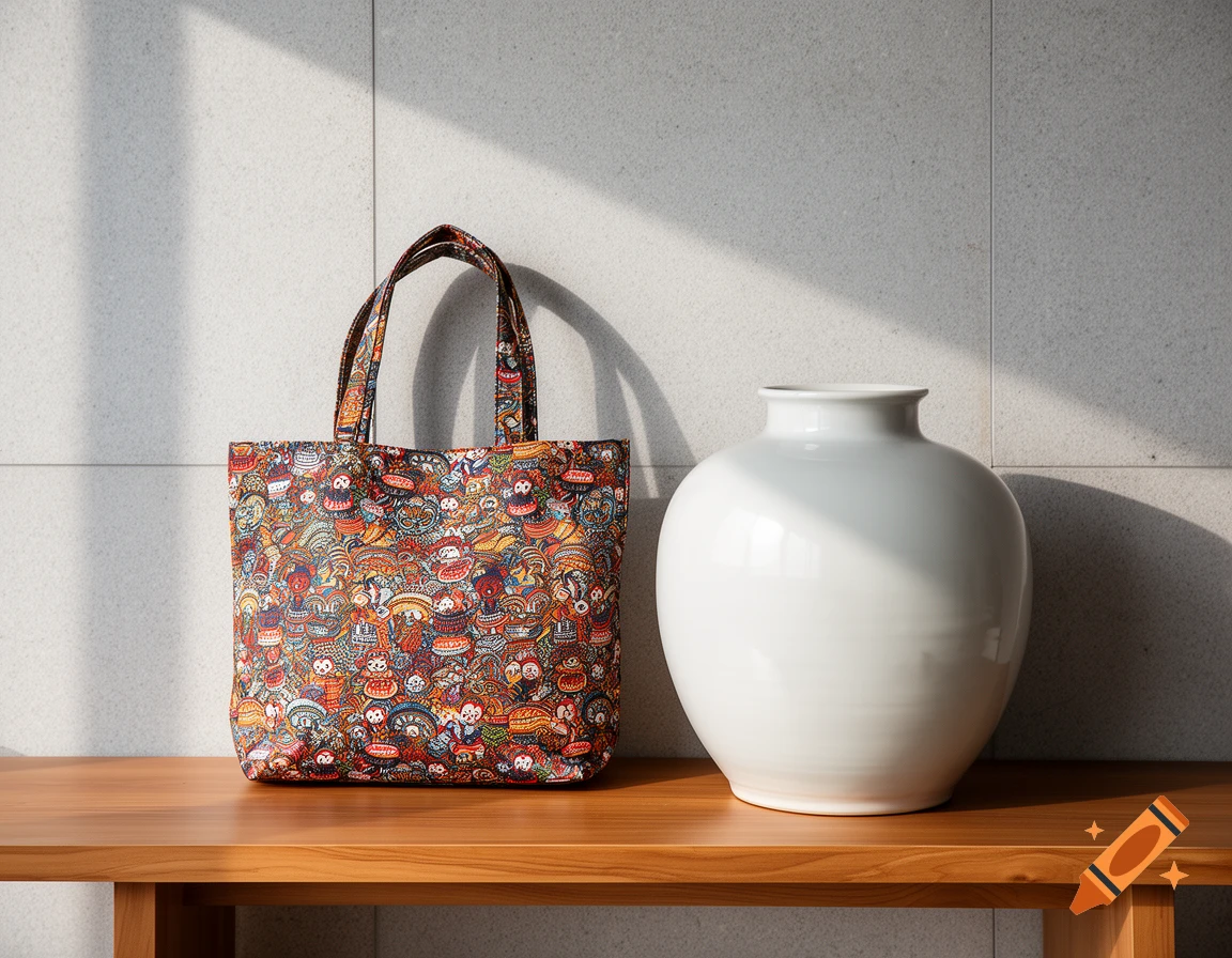 A colorful patterned tote bag and a white porcelain vase sit on a wooden bench against a light grey wall, illuminated by natural window light.