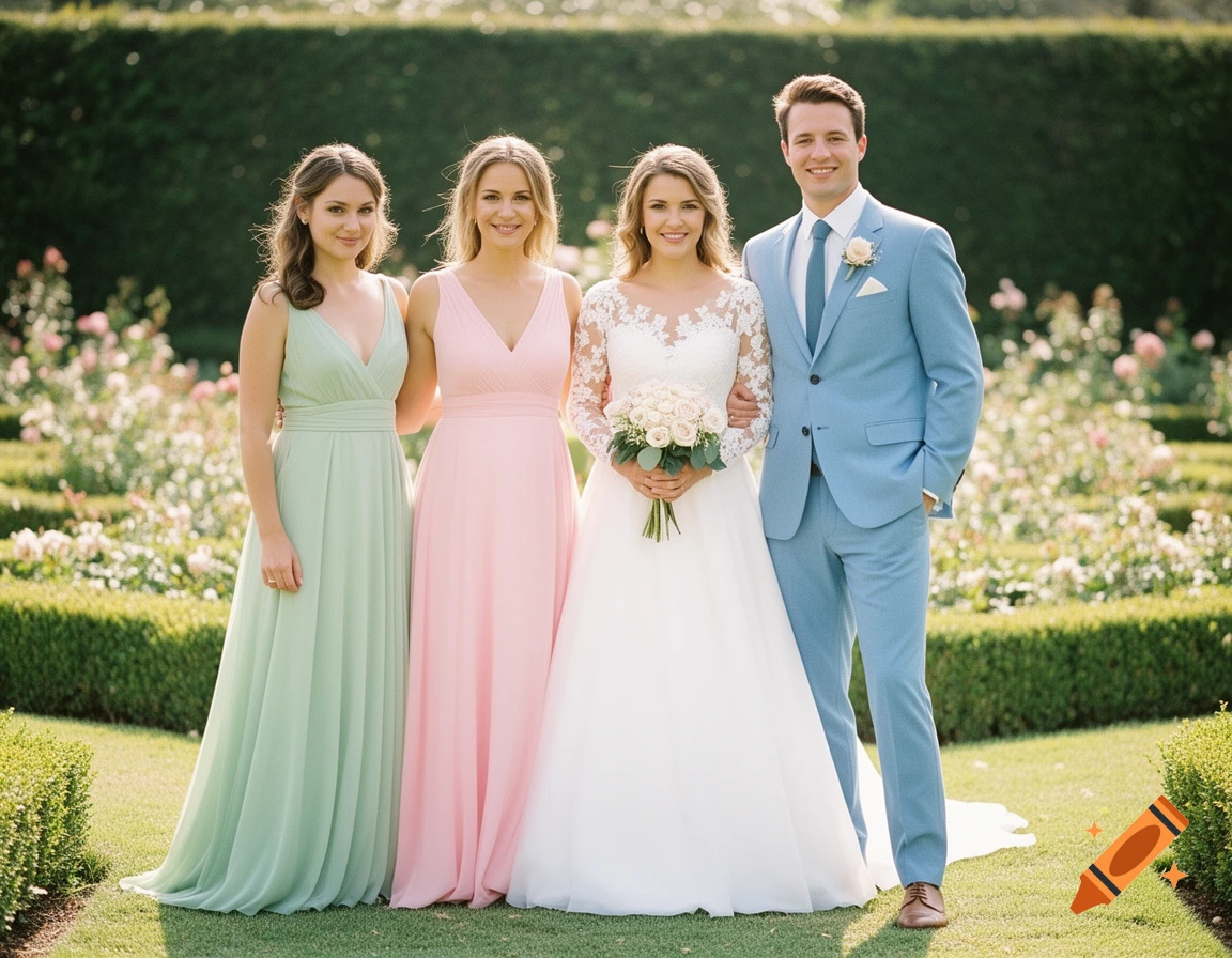 A wedding party poses outdoors, featuring a bride in white, a groom in blue, and two bridesmaids in green and pink dresses.