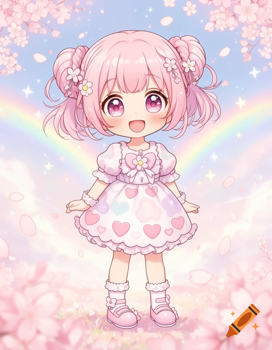 Pink-haired chibi anime girl in a heart-patterned dress stands in a cherry blossom field under a rainbow sky.