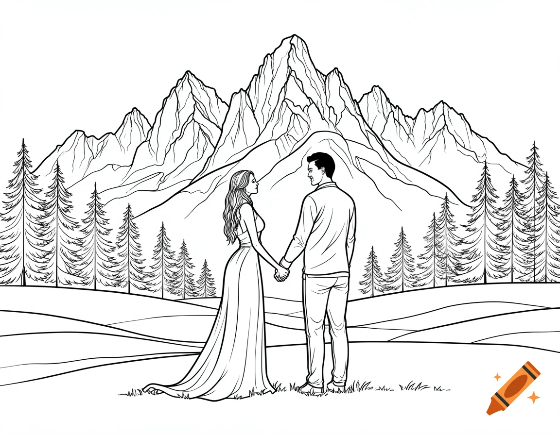 Black and white line art drawing of a couple holding hands, facing a large mountain range, surrounded by pine trees and a grassy field.