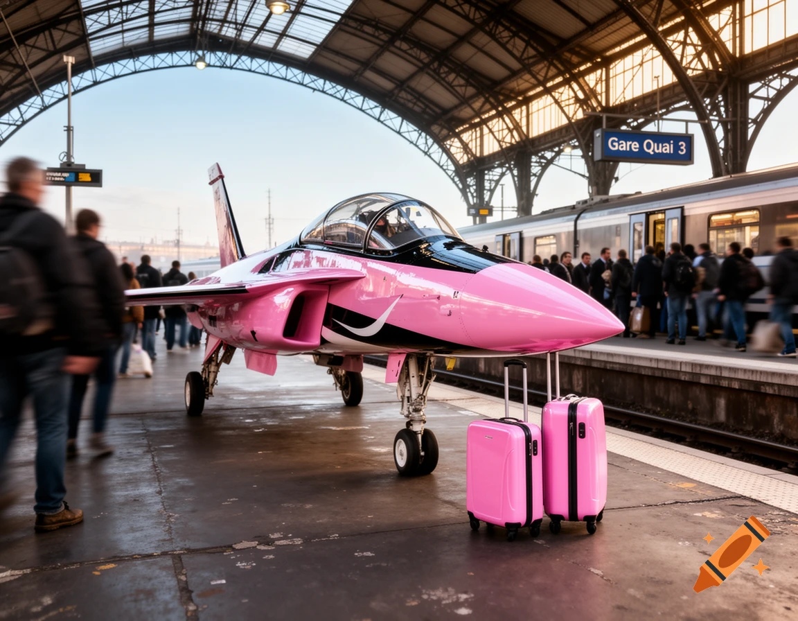 A shiny pink fighter jet and two pink suitcases stand on a busy train station platform next to a waiting train.