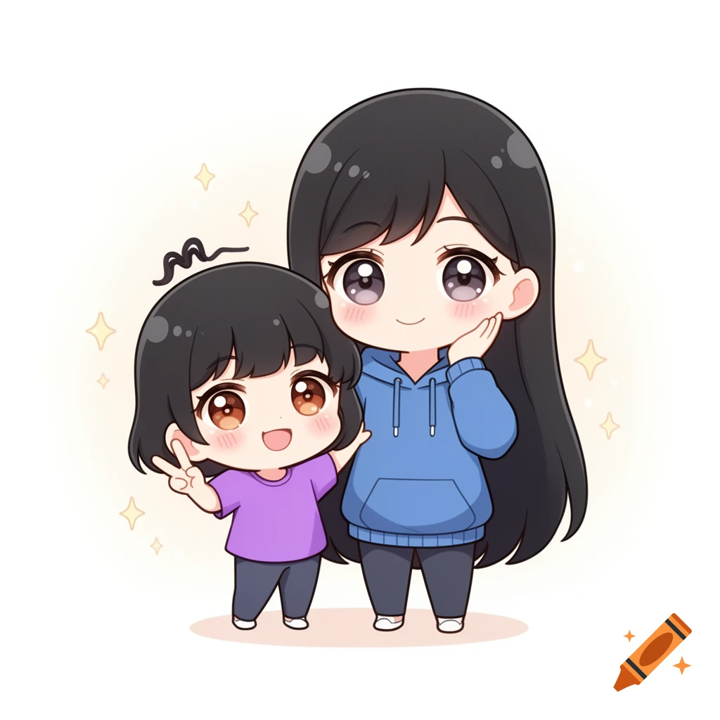 Two chibi anime girls pose. One in a purple shirt makes a peace sign, the other in a blue hoodie smiles.