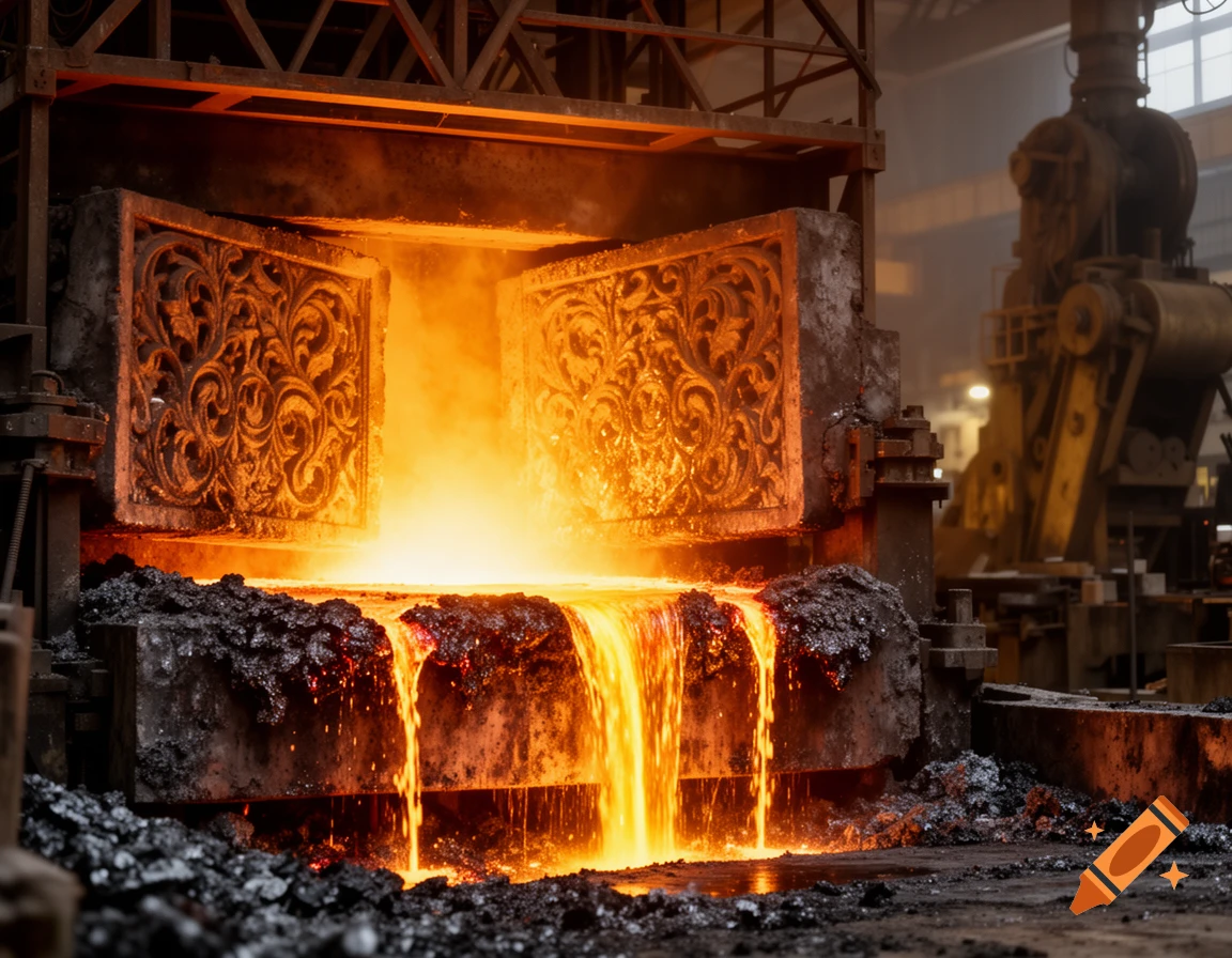 Molten metal pours in glowing streams from an ornate forge in a dark industrial setting.