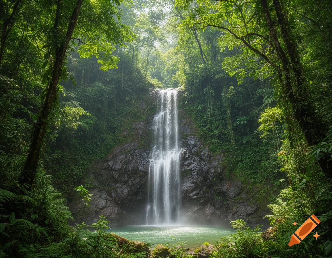 A tall waterfall flows into a turquoise pool, surrounded by lush green tropical forest under a bright sky.