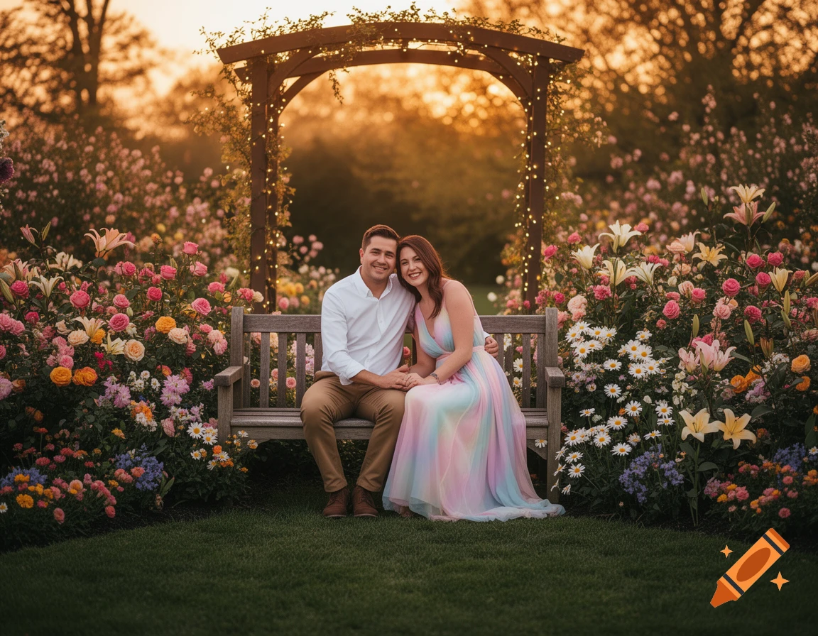 A smiling couple sits on a wooden bench surrounded by colorful flowers and a floral arch at sunset.