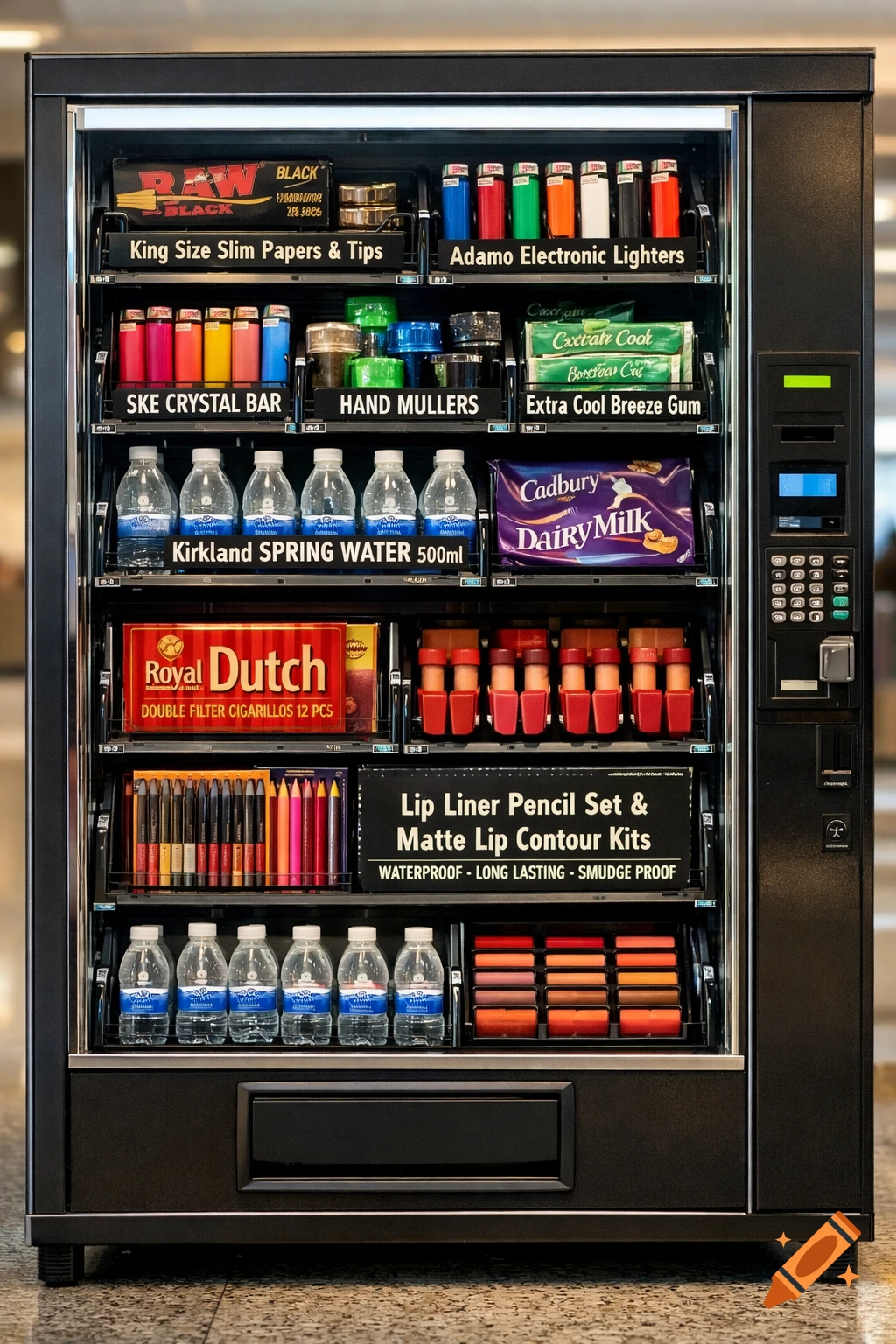 A full-frame shot of a black vending machine filled with various products like rolling papers, lighters, chewing gum, water bottles, chocolate bars, cigarillos, and makeup kits.