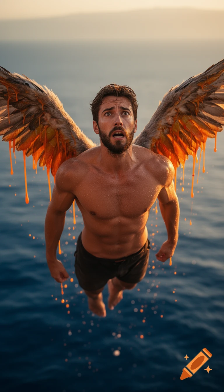 Photorealistic Icarus with melting orange feathered wings falling into the blue sea with a terrified expression.