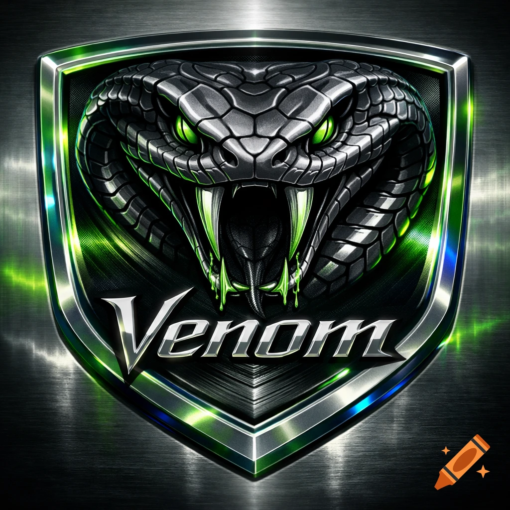 Metallic shield emblem featuring a fierce gray snake head with glowing green eyes and fangs, dripping green liquid, above the word 'Venom'.