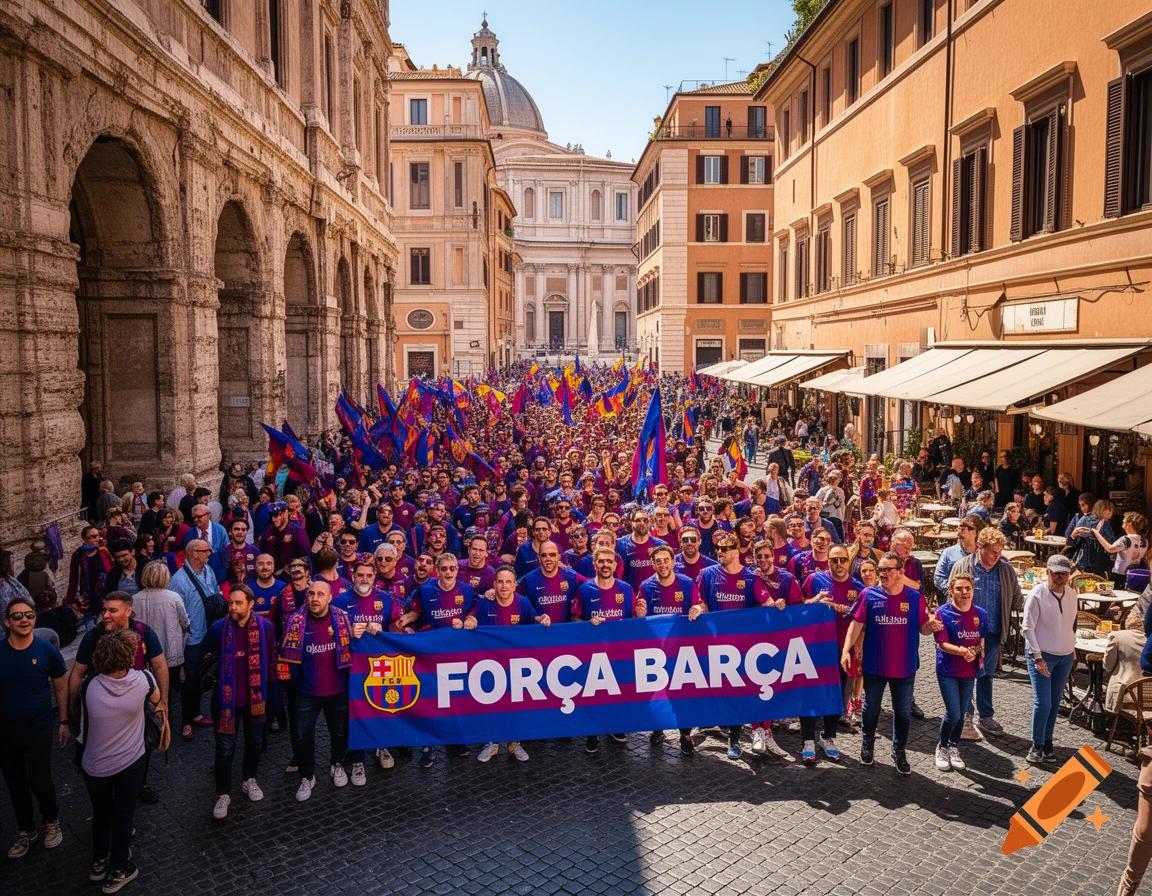 A large crowd of FC Barcelona supporters in blue and red jerseys march through a sunny Rome street, holding a "FORÇA BARÇA" banner.