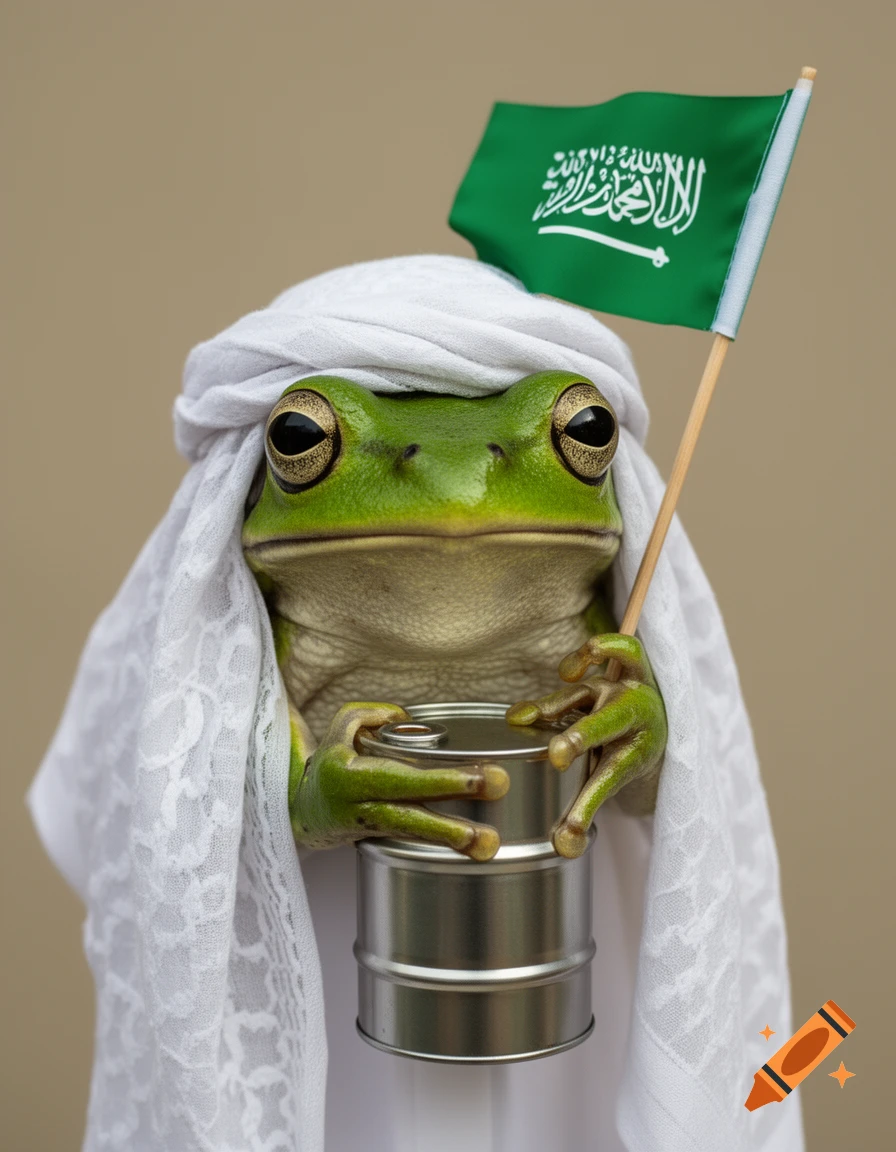 A photorealistic green frog wearing a white headscarf, holding a small Saudi Arabian flag and a silver oil barrel.
