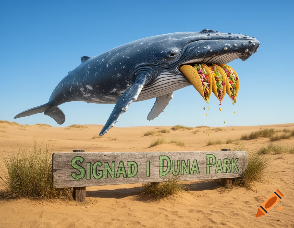 A photorealistic whale flies over a desert, mouth full of tacos, above a sign 'SIGNAD I DUNA PARK'.