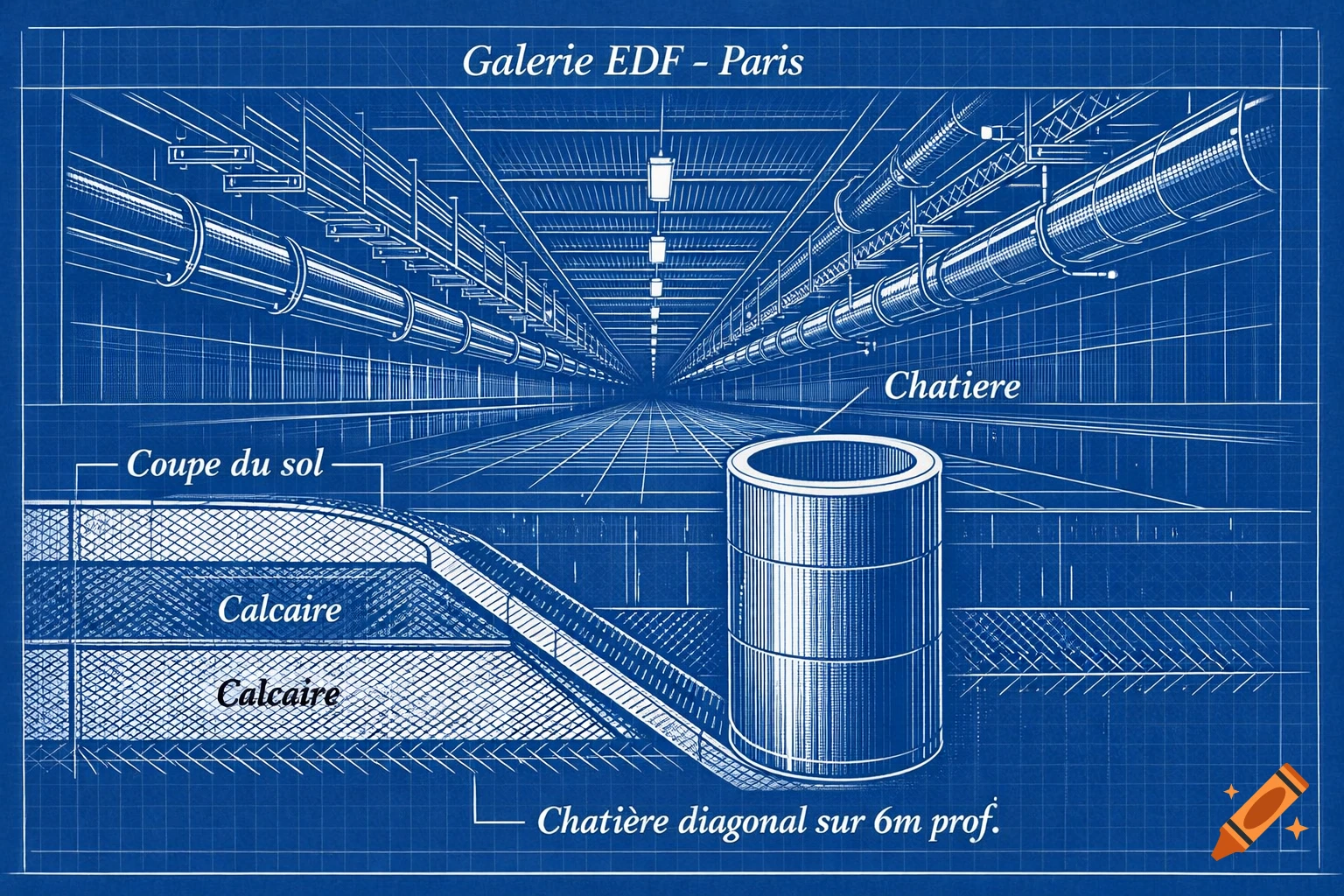 A detailed blueprint of an underground EDF utility tunnel with pipes, lighting, and a vertical shaft, showing cutaway ground layers and labels in French.