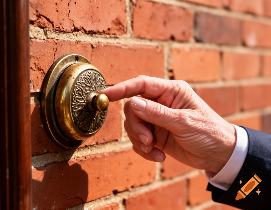 A person's hand with a suit jacket sleeve pushes a vintage brass doorbell with ornate detailing on a reddish-brown brick wall.