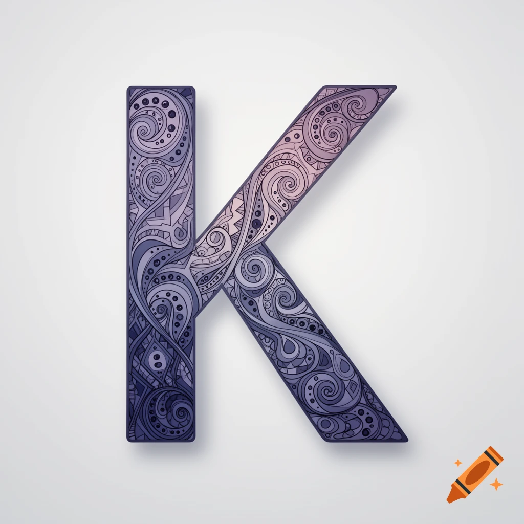 A stylized letter K with intricate zentangle patterns in purple and pink tones, casting a subtle shadow on a light background.