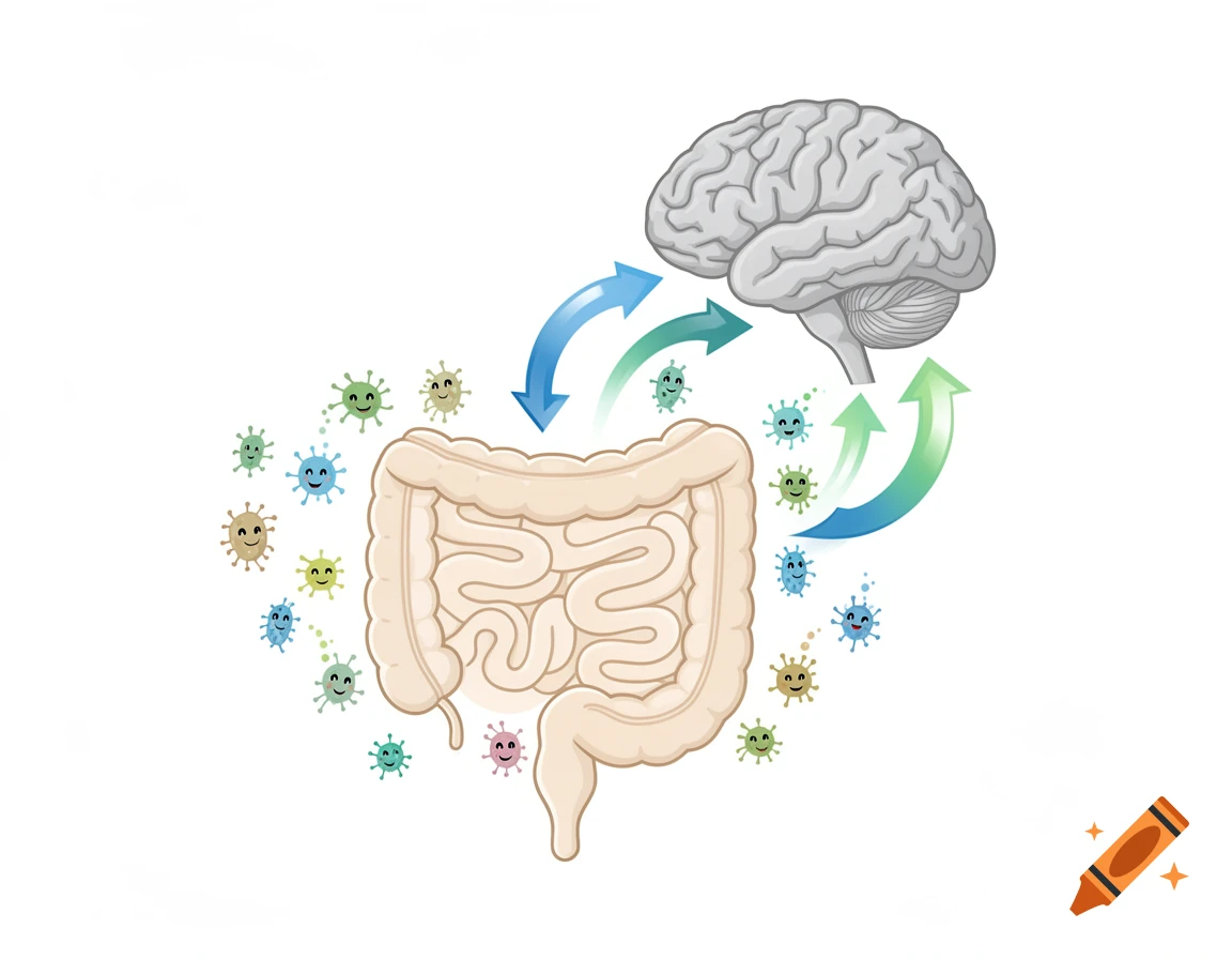 A simple diagram showing a brain and intestines connected by bidirectional arrows, surrounded by happy cartoon bacteria.