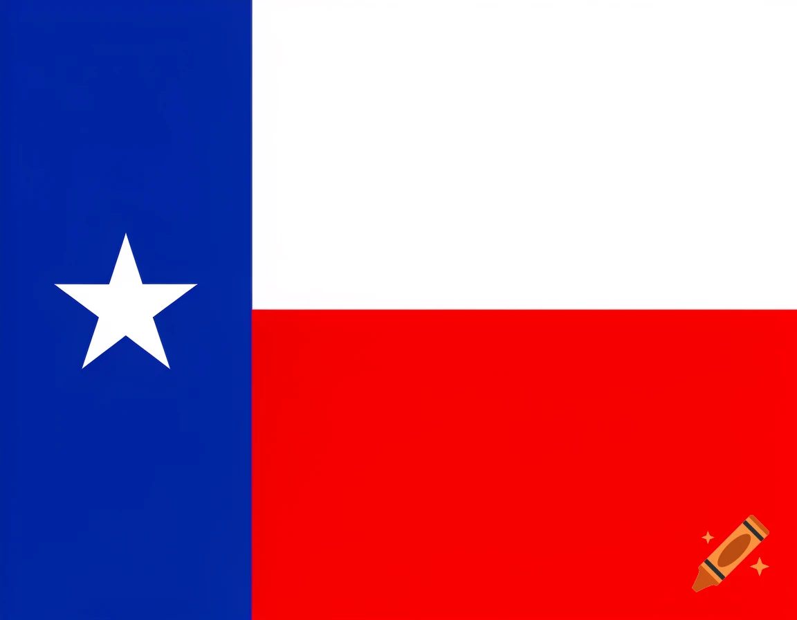 The Texas state flag, featuring a white star on a vertical blue stripe, alongside horizontal white and red stripes.