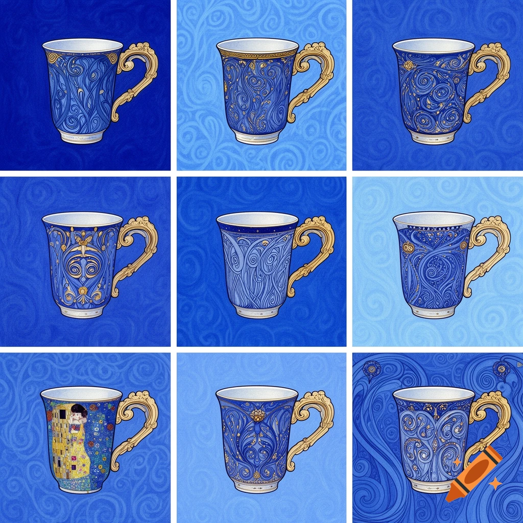 Nine blue cups with ornate gold handles and intricate patterns, some in Gustav Klimt's Art Nouveau style, on blue backgrounds.