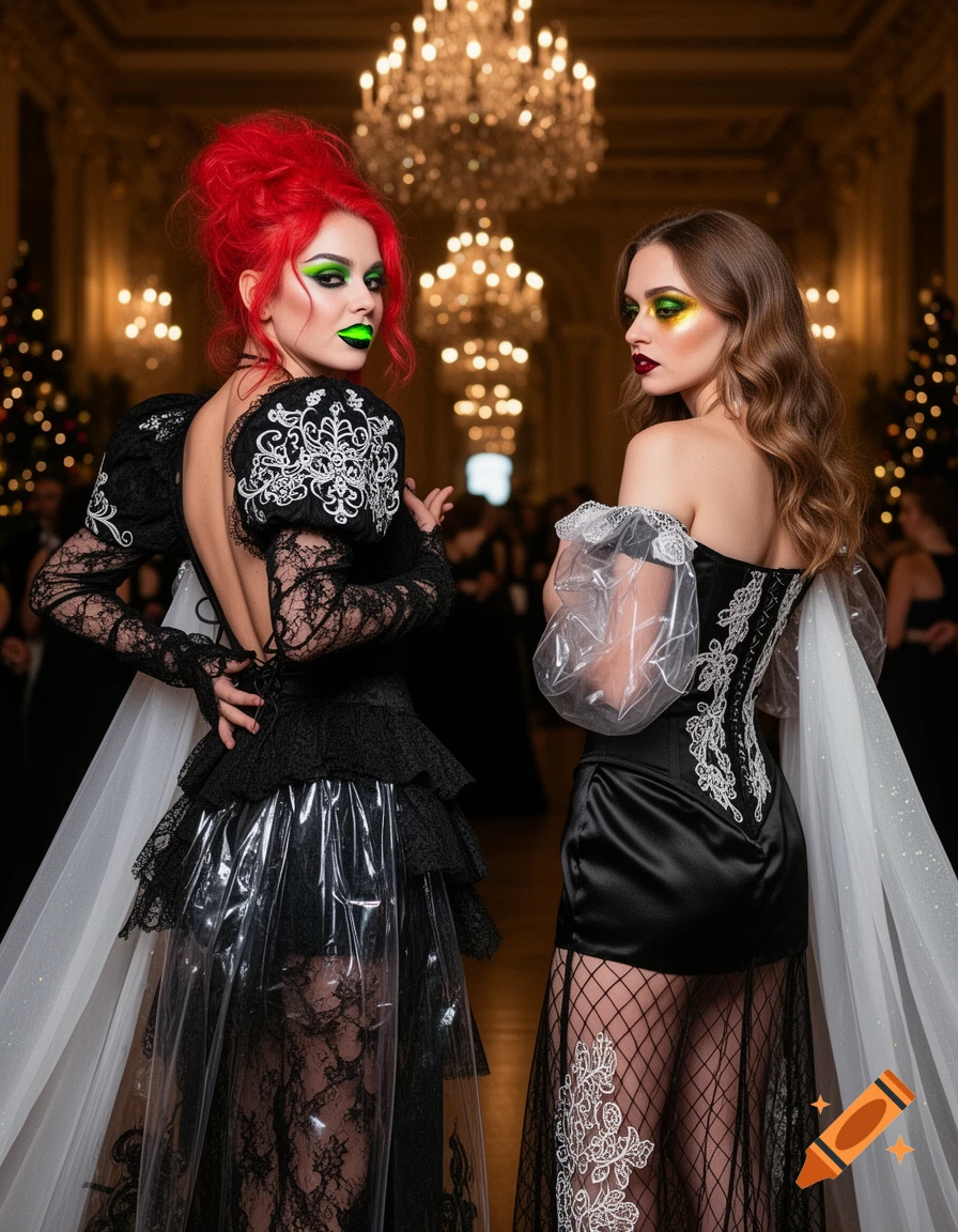 Two women in elaborate black gothic-cyberpunk dresses and dramatic makeup at a Christmas ball. One with red hair and green lips, the other with brown hair and red lips.