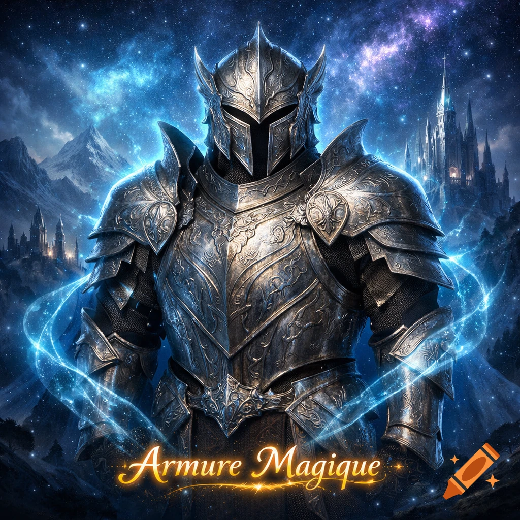 Ornate silver armor with a blue magical aura, set against a starry night sky with nebulae and distant castles. Text: Armure Magique.