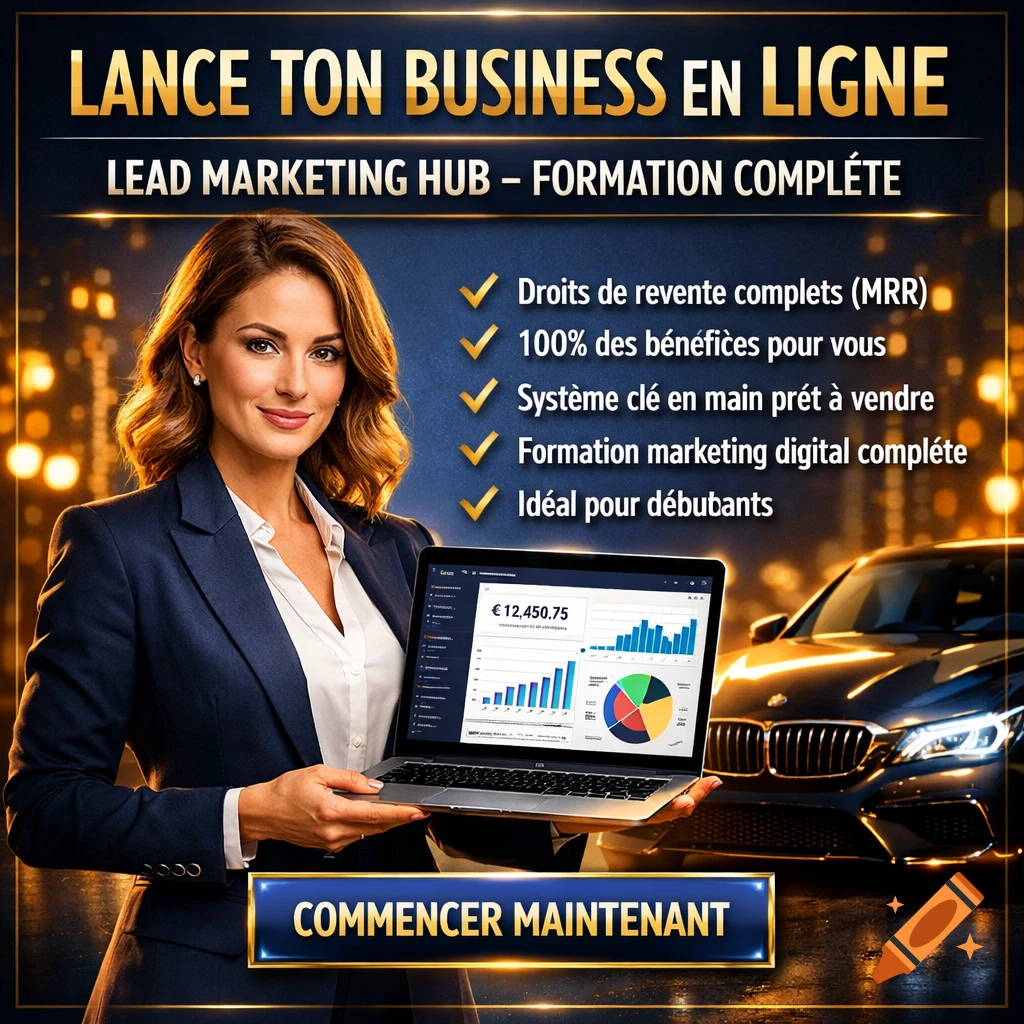 Professional business woman in a suit holds a laptop with graphs, in front of a luxury car at night, surrounded by French marketing text for "Lead Marketing Hub".